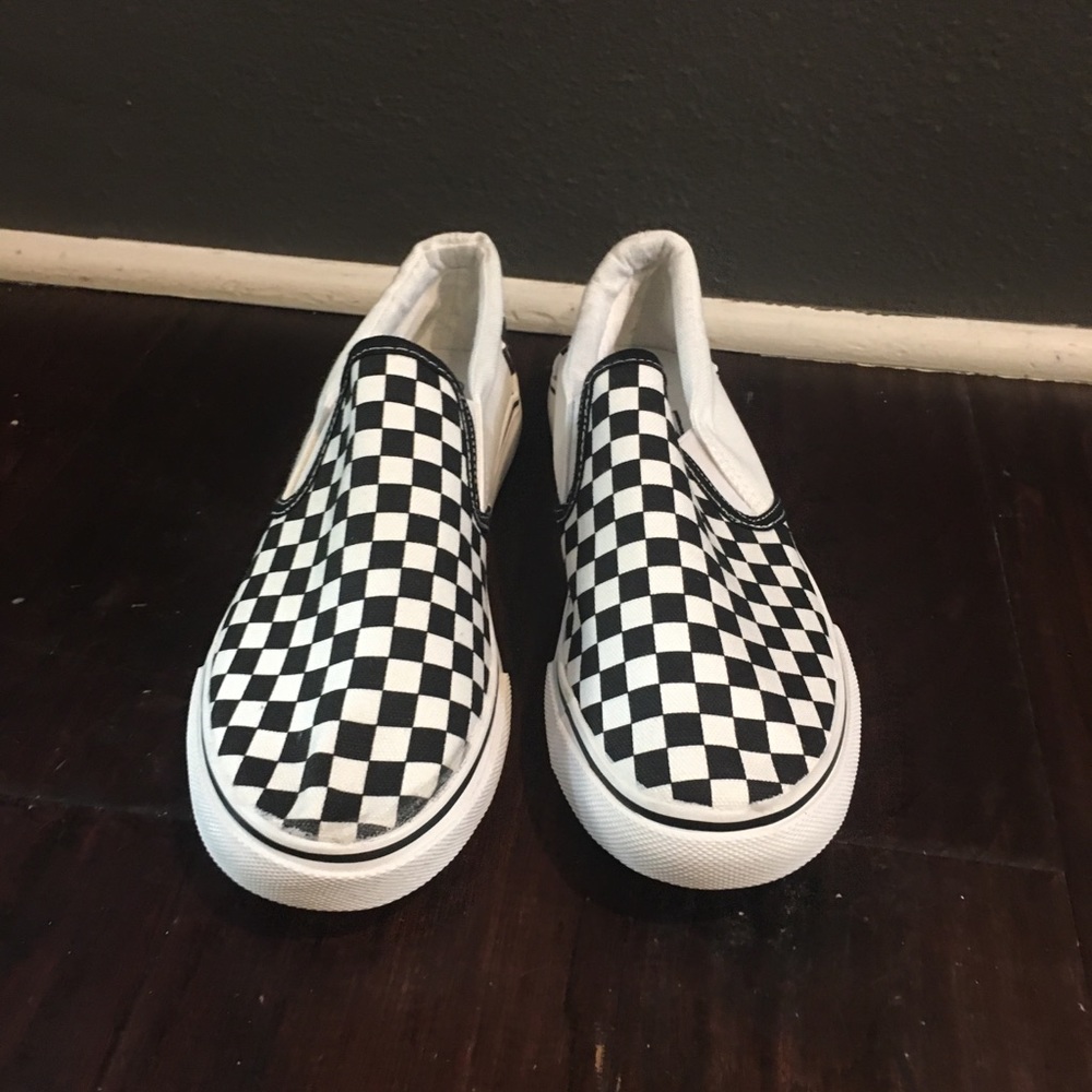 Black and white checkered slip ons